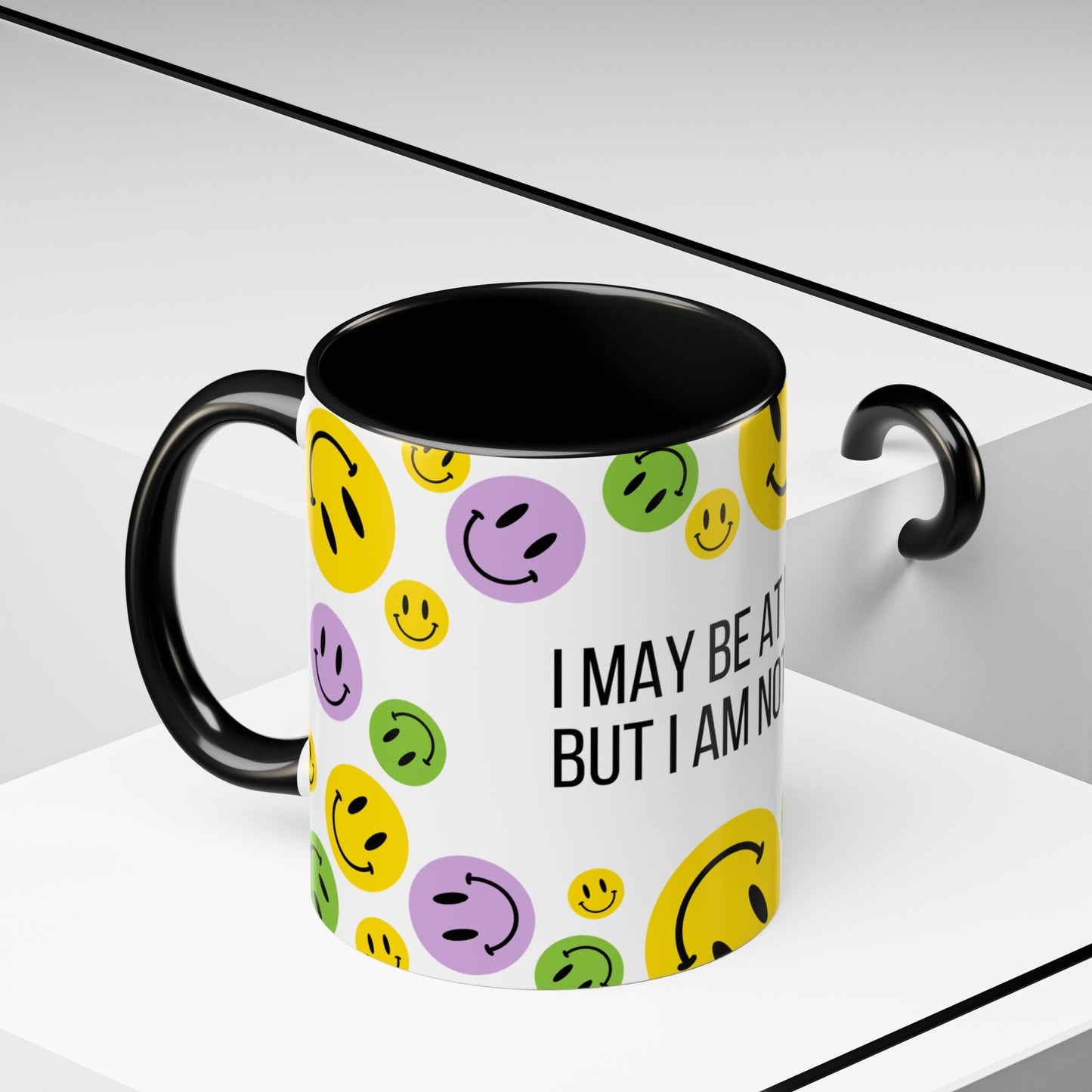 Funny Smiley Face Coffee Mug - "I May Be At Work, But I Am Not Happy" - 11/15oz