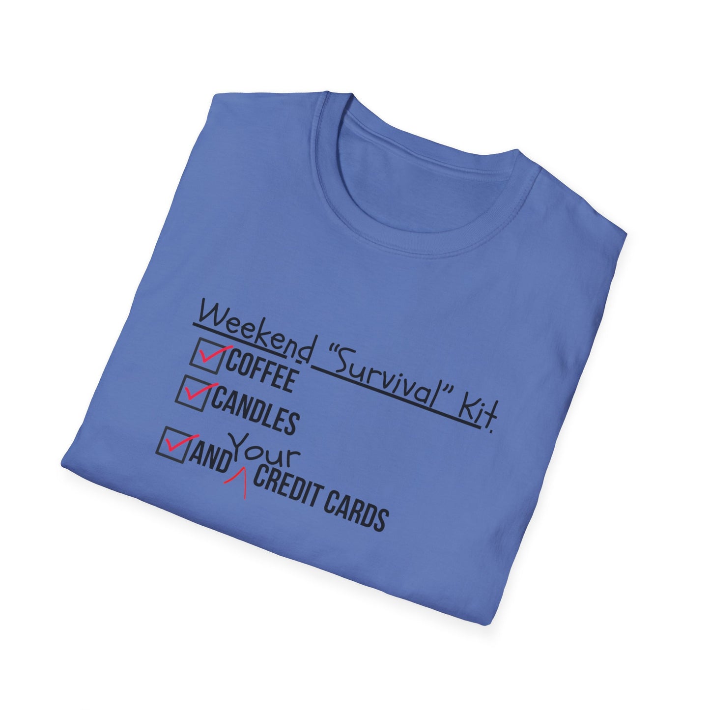 Weekend Survival Kit Unisex T-Shirt - Coffee, Candles, and Credit Cards