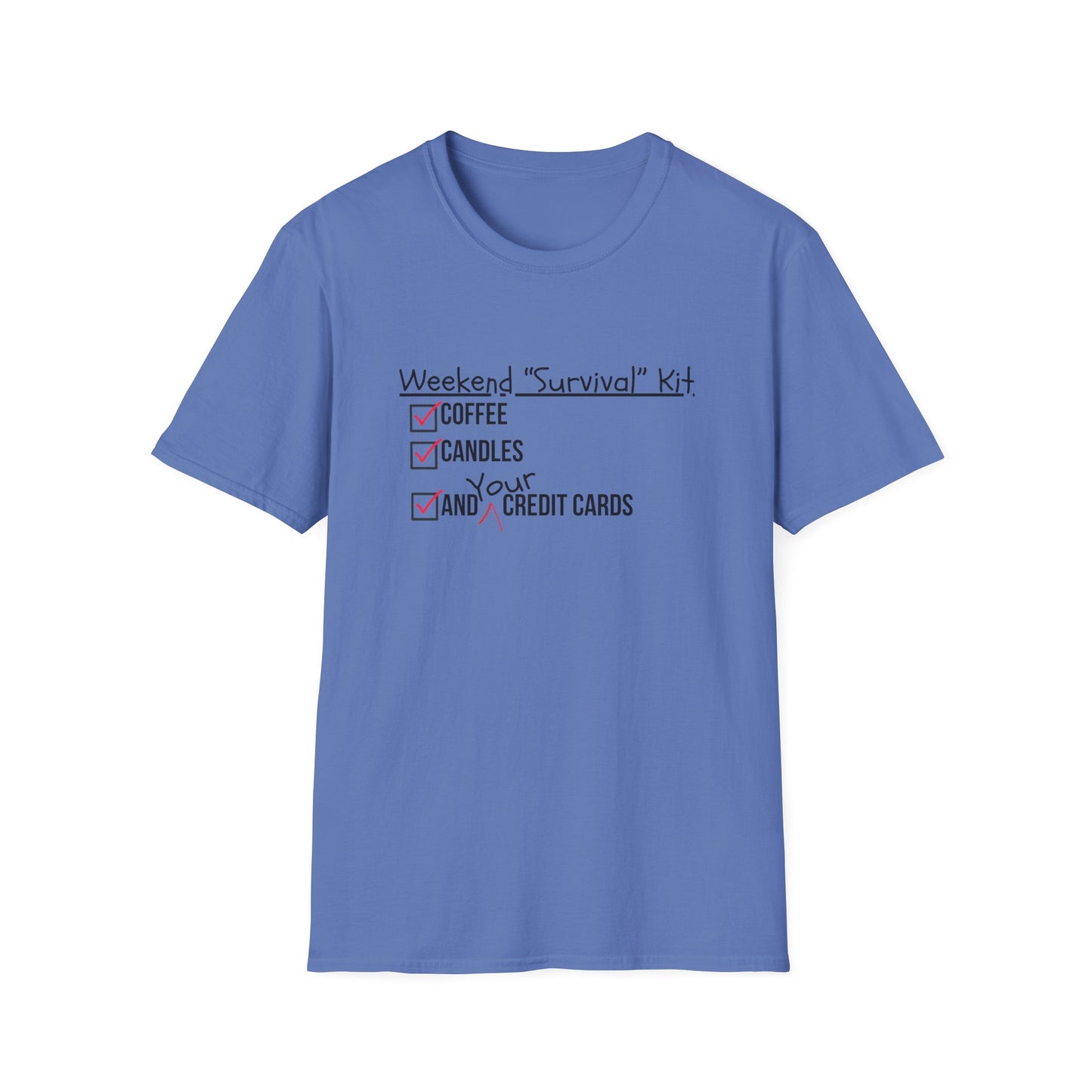 Weekend Survival Kit Unisex T-Shirt - Coffee, Candles, and Credit Cards