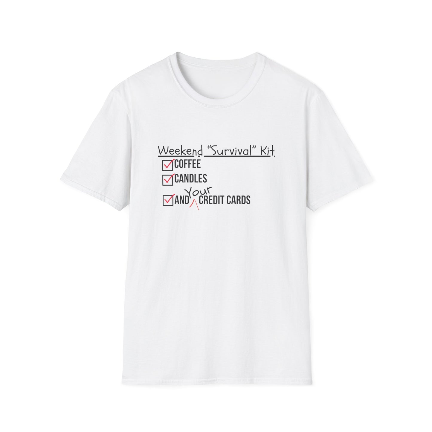 Weekend Survival Kit Unisex T-Shirt - Coffee, Candles, and Credit Cards