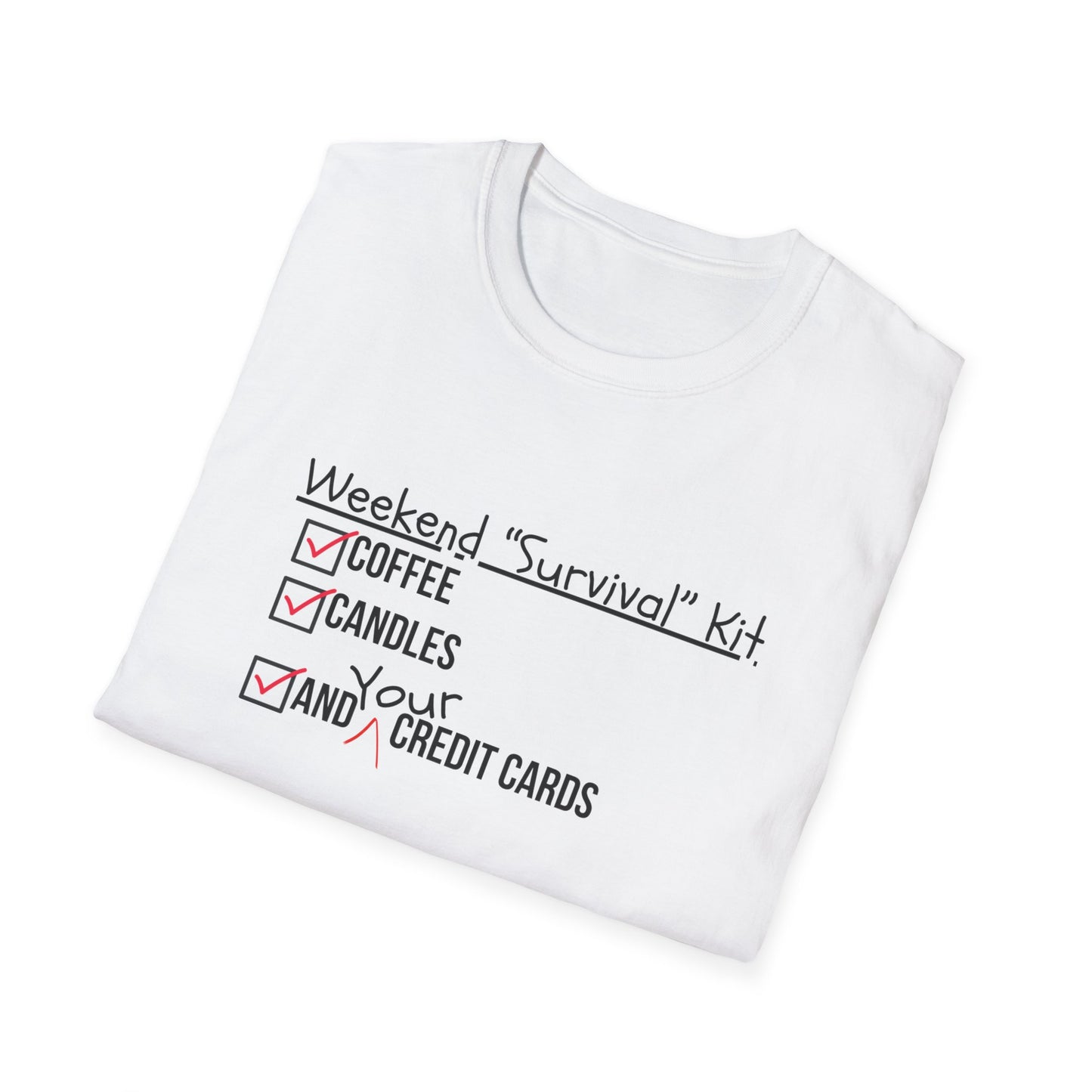 Weekend Survival Kit Unisex T-Shirt - Coffee, Candles, and Credit Cards