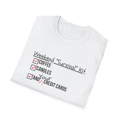 Weekend Survival Kit Unisex T-Shirt - Coffee, Candles, and Credit Cards