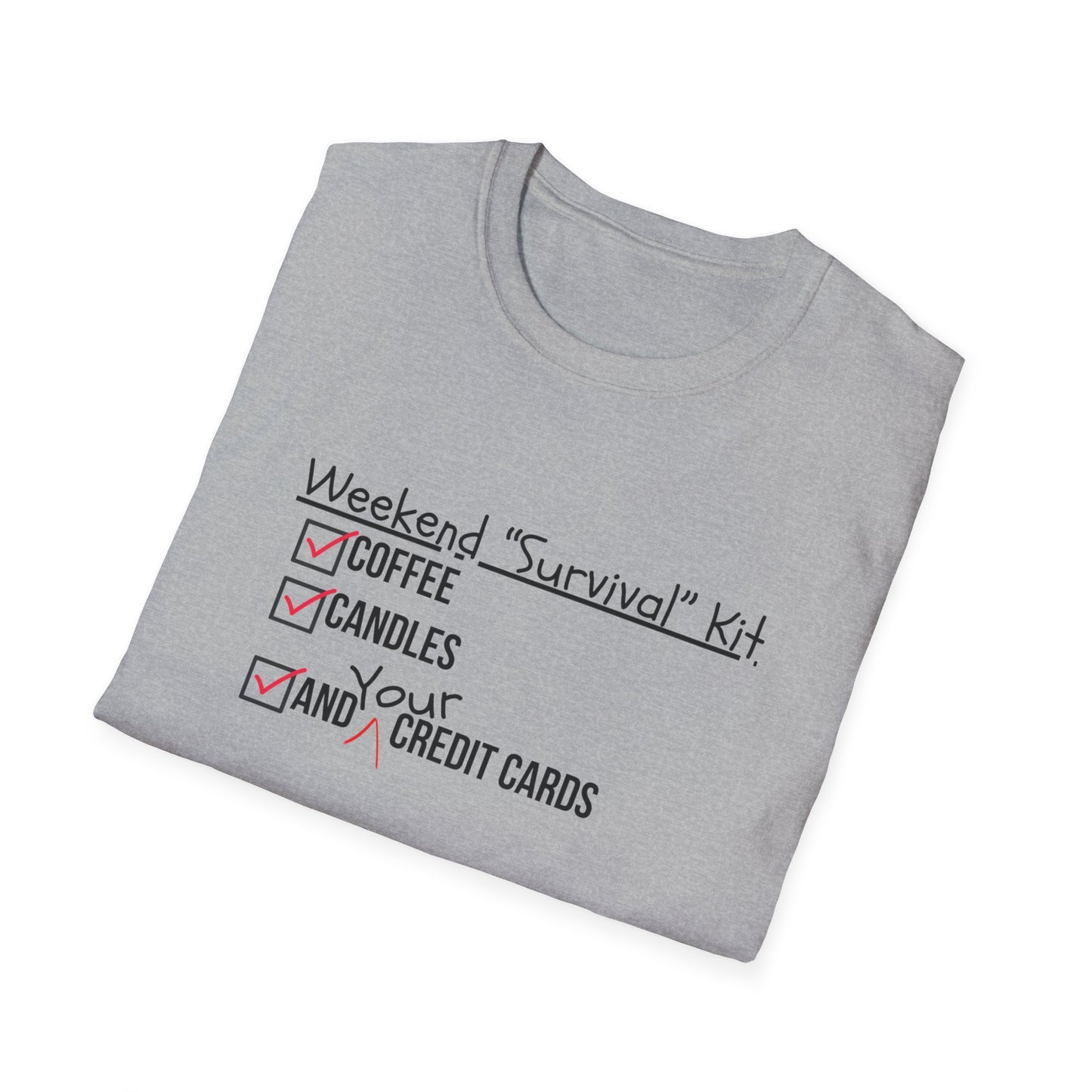 Weekend Survival Kit Unisex T-Shirt - Coffee, Candles, and Credit Cards