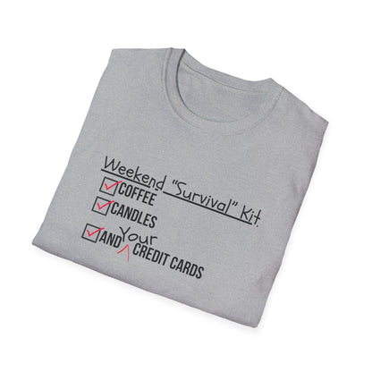 Weekend Survival Kit Unisex T-Shirt - Coffee, Candles, and Credit Cards
