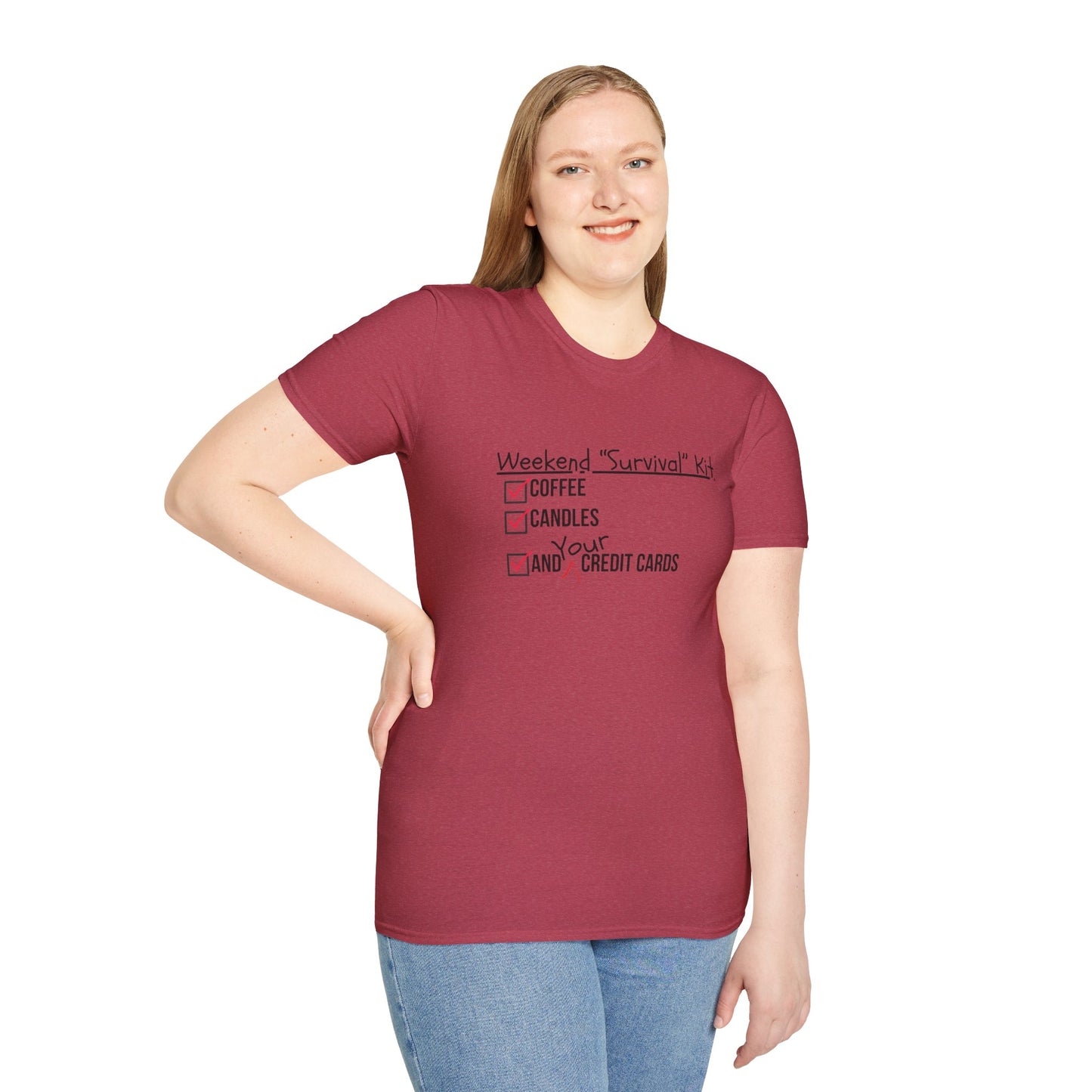 Weekend Survival Kit Unisex T-Shirt - Coffee, Candles, and Credit Cards