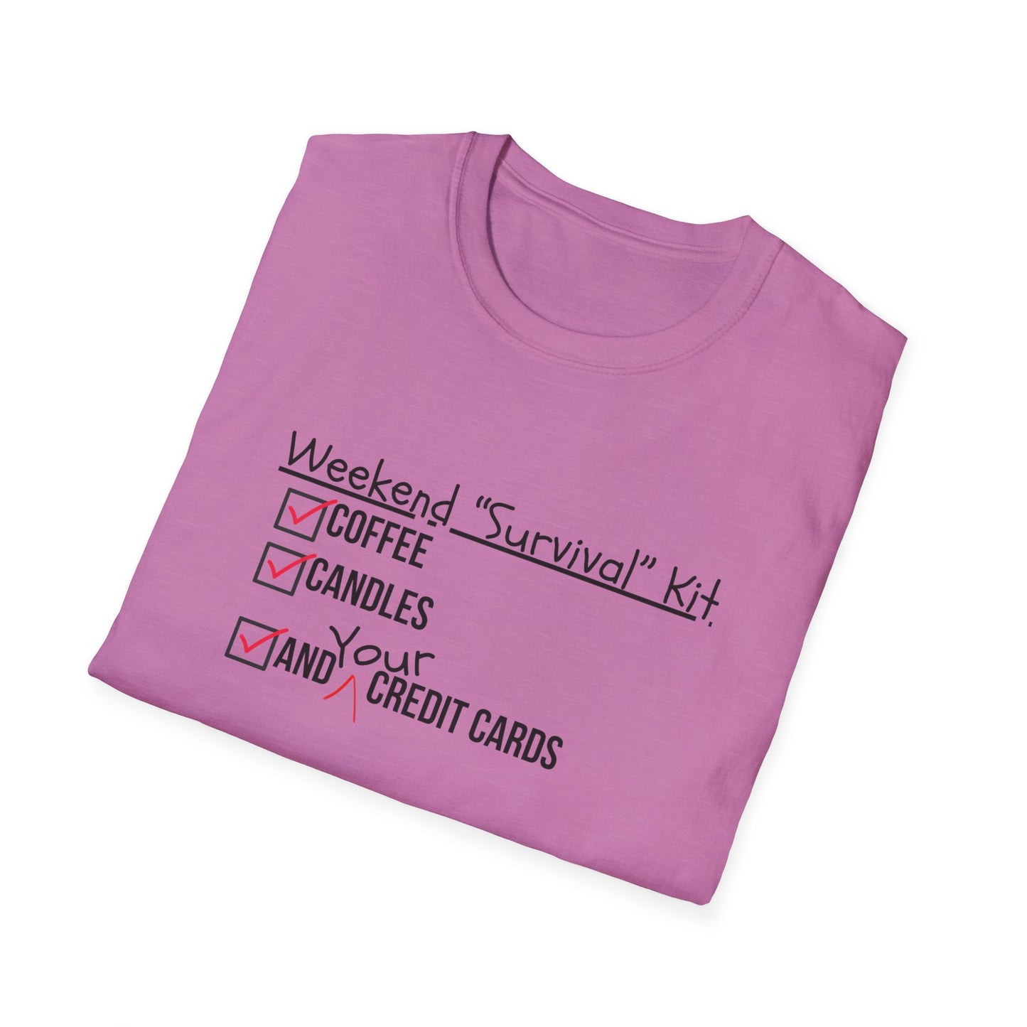 Weekend Survival Kit Unisex T-Shirt - Coffee, Candles, and Credit Cards