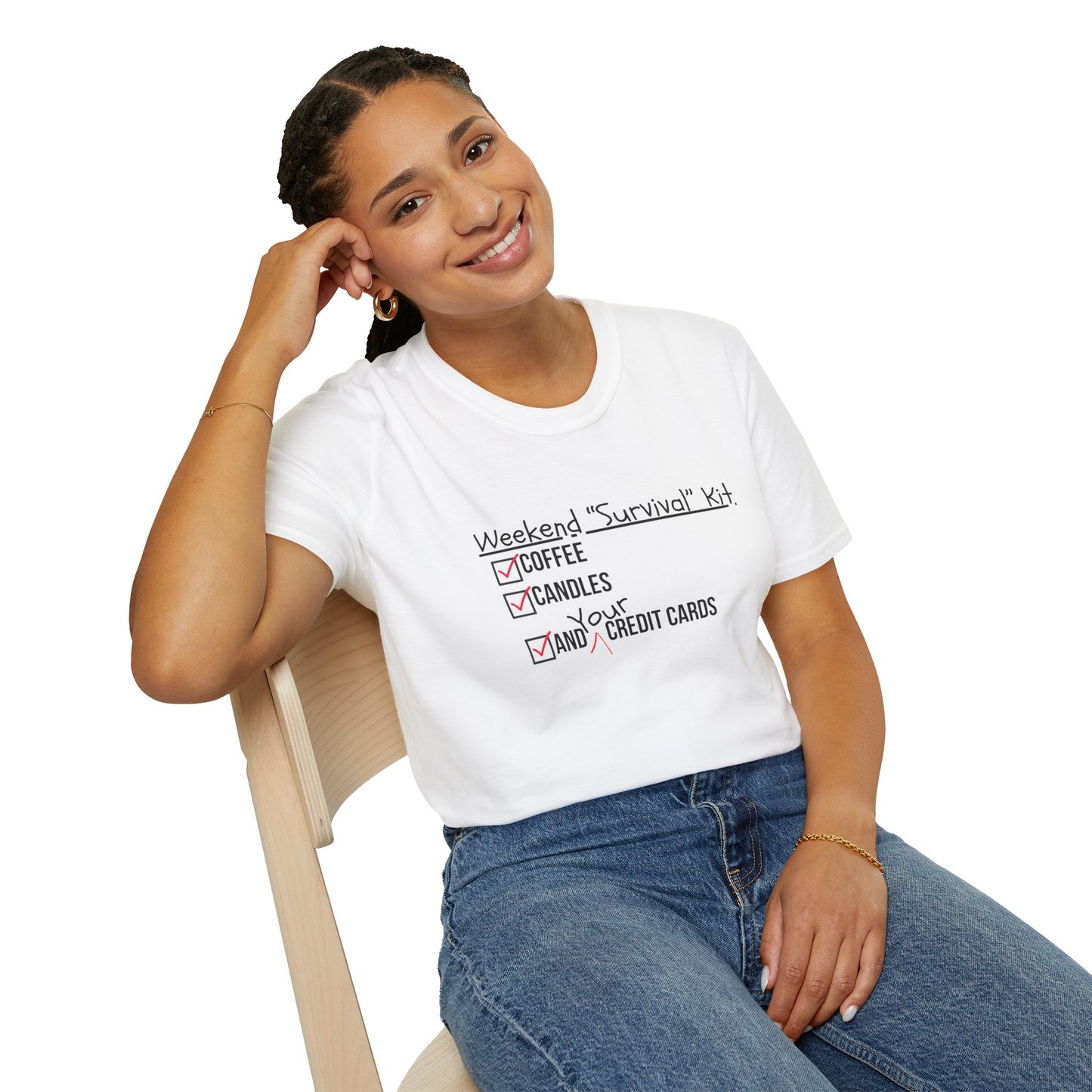 Weekend Survival Kit Unisex T-Shirt - Coffee, Candles, and Credit Cards
