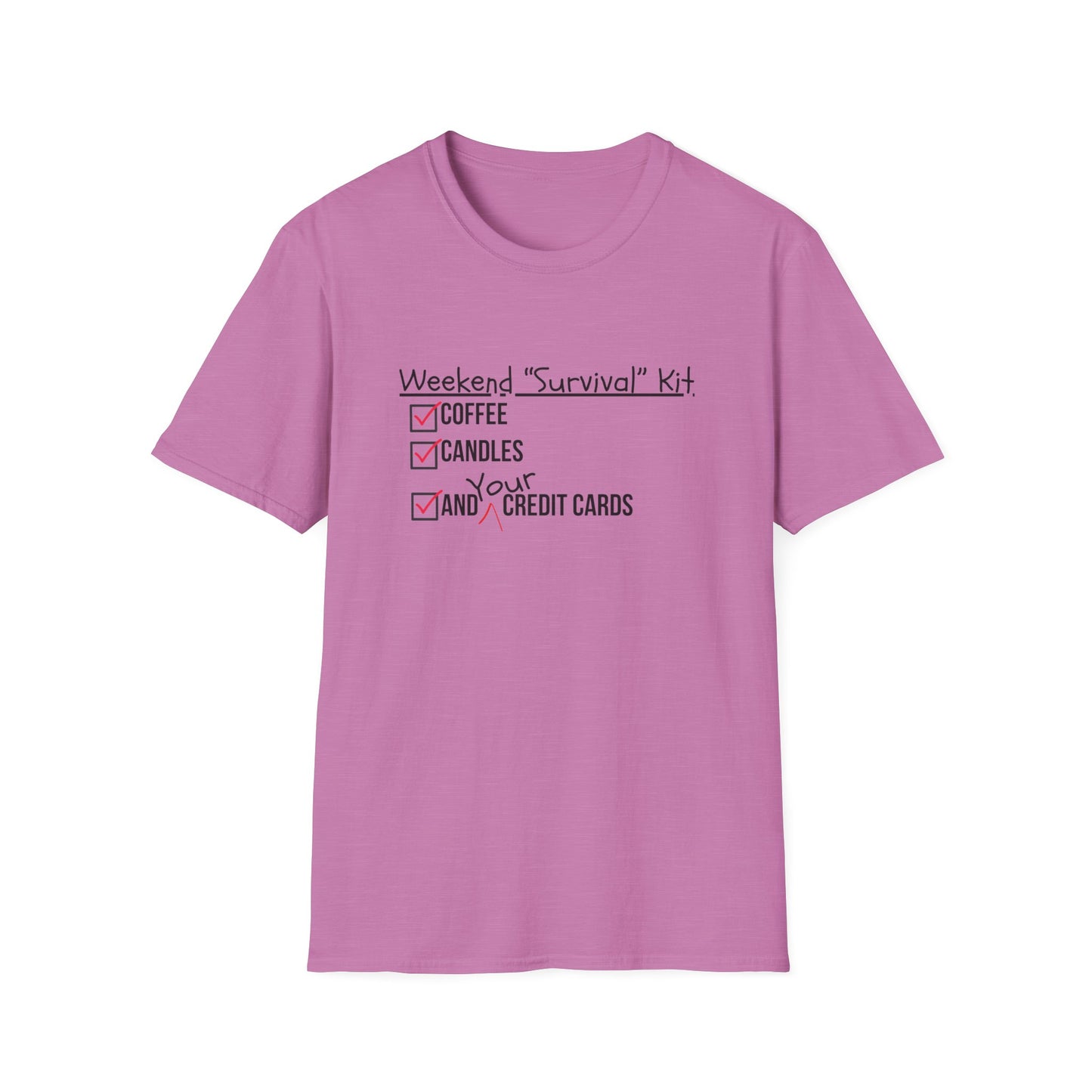 Weekend Survival Kit Unisex T-Shirt - Coffee, Candles, and Credit Cards