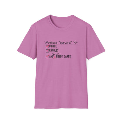 Weekend Survival Kit Unisex T-Shirt - Coffee, Candles, and Credit Cards