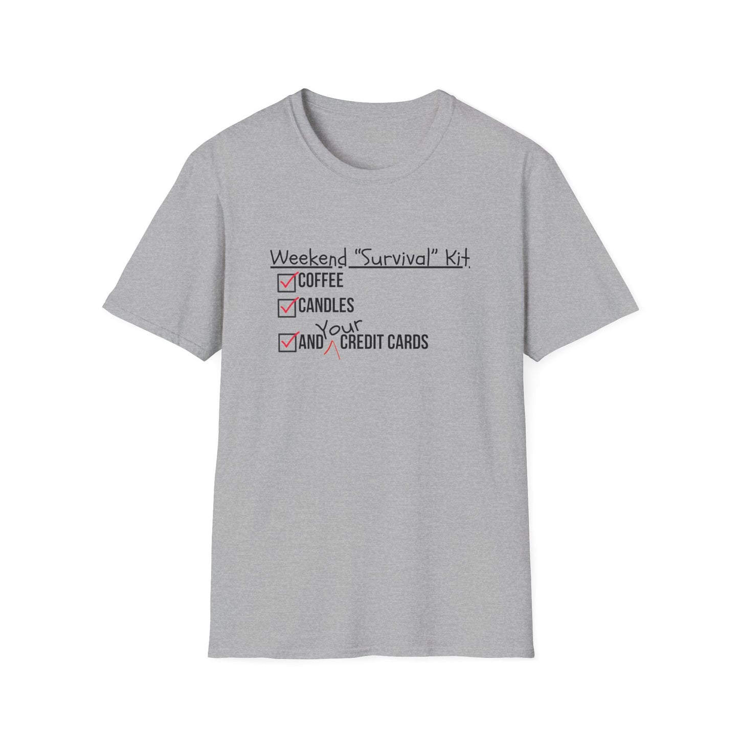 Weekend Survival Kit Unisex T-Shirt - Coffee, Candles, and Credit Cards