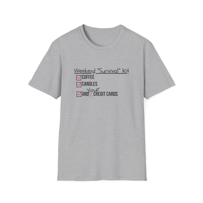 Weekend Survival Kit Unisex T-Shirt - Coffee, Candles, and Credit Cards