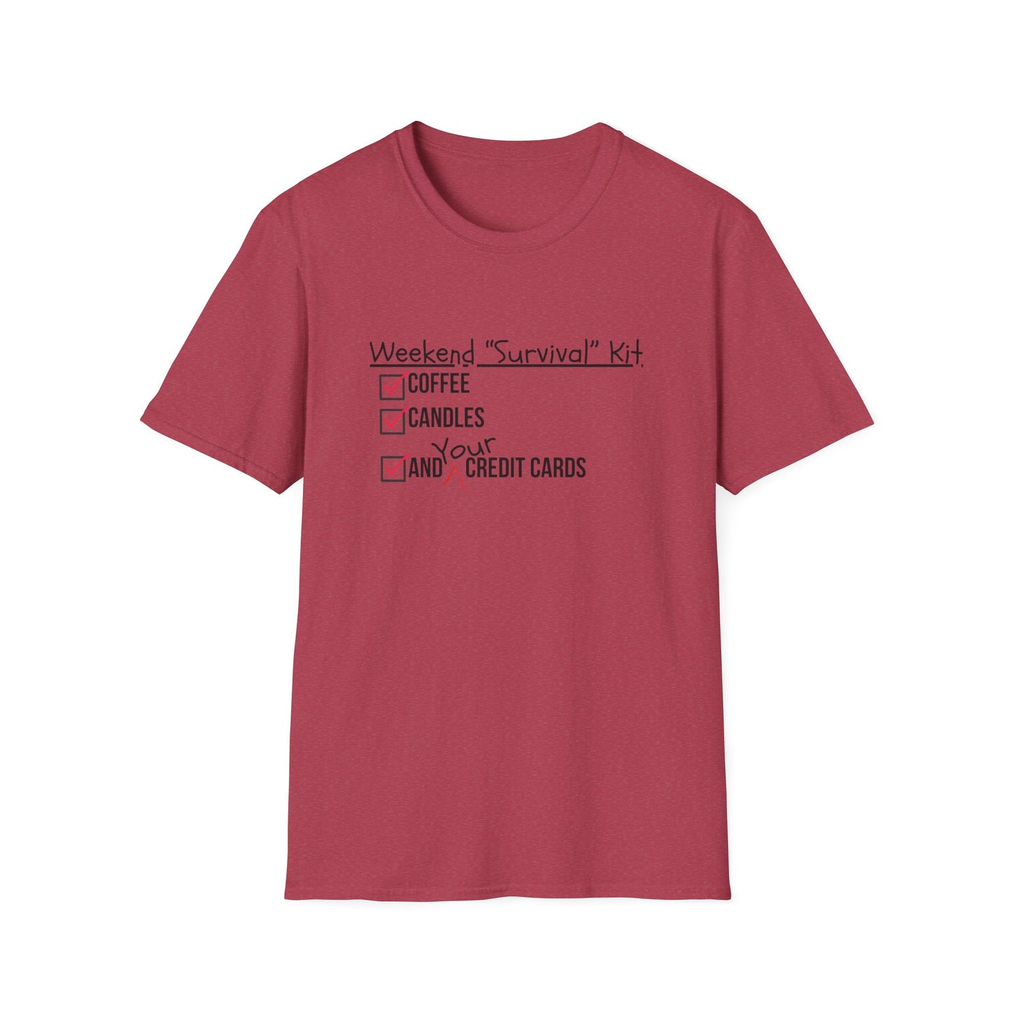 Weekend Survival Kit Unisex T-Shirt - Coffee, Candles, and Credit Cards