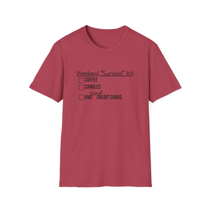 Weekend Survival Kit Unisex T-Shirt - Coffee, Candles, and Credit Cards